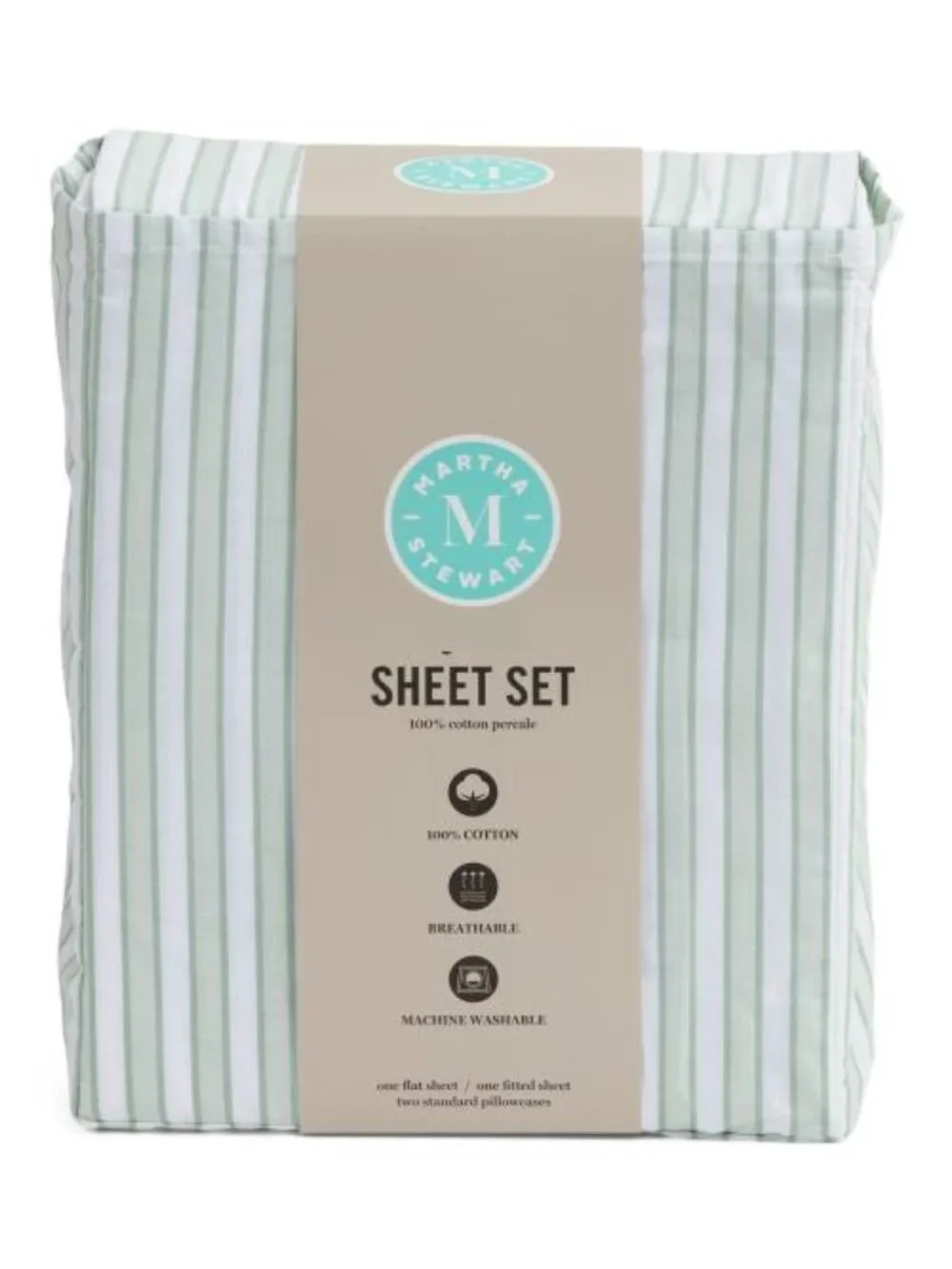 MARTHA STEWART Cotton Percale Striped Sheet Set